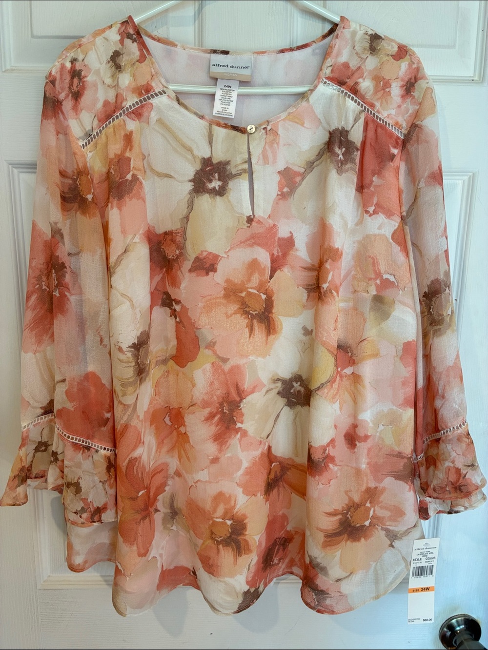 Alfred Dunner Size 24 W Coral Peach Floral Sheer Keyhole Blouse NWT